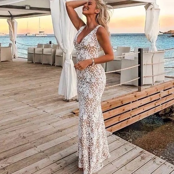 Dresses & Skirts - White Sequin Overlay Floor Length BackLess Dress